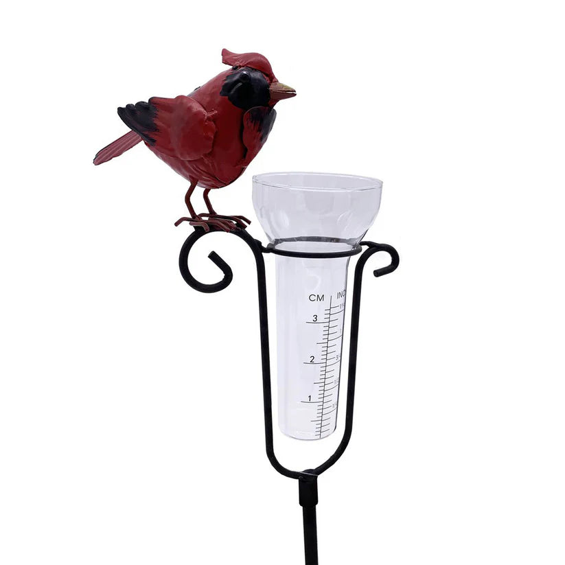 Esschert Cardinal Rain Gauge Garden Stake – Metal & Glass (50” H)