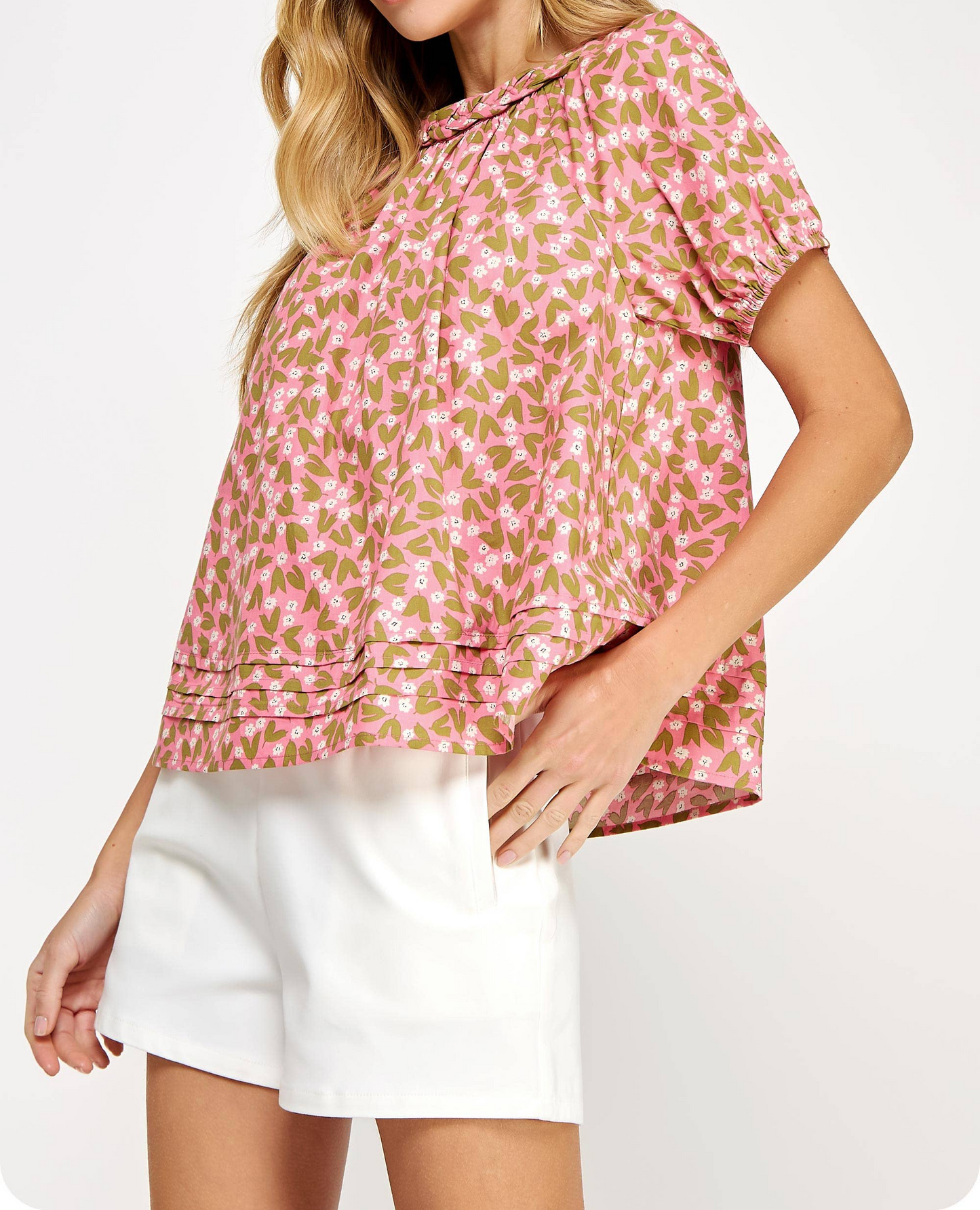 Braid Trim Floral Voile Blouse: Pink/olive