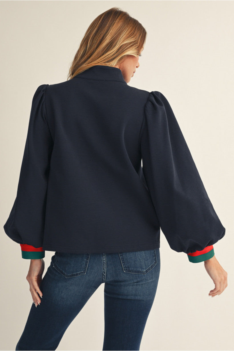 Navy Zip Up Long-Sleeved Blouse