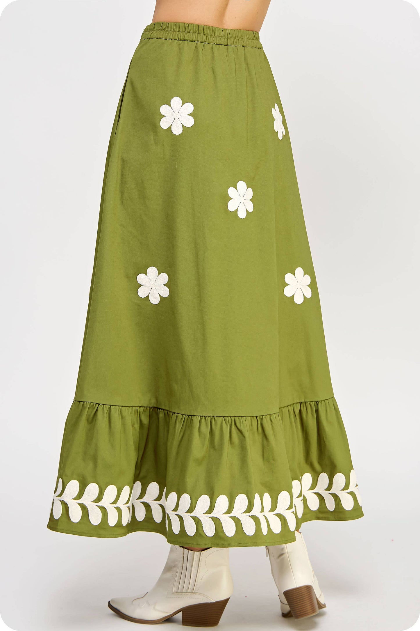 Embroidered Ruffled Midi Skirt: Olive