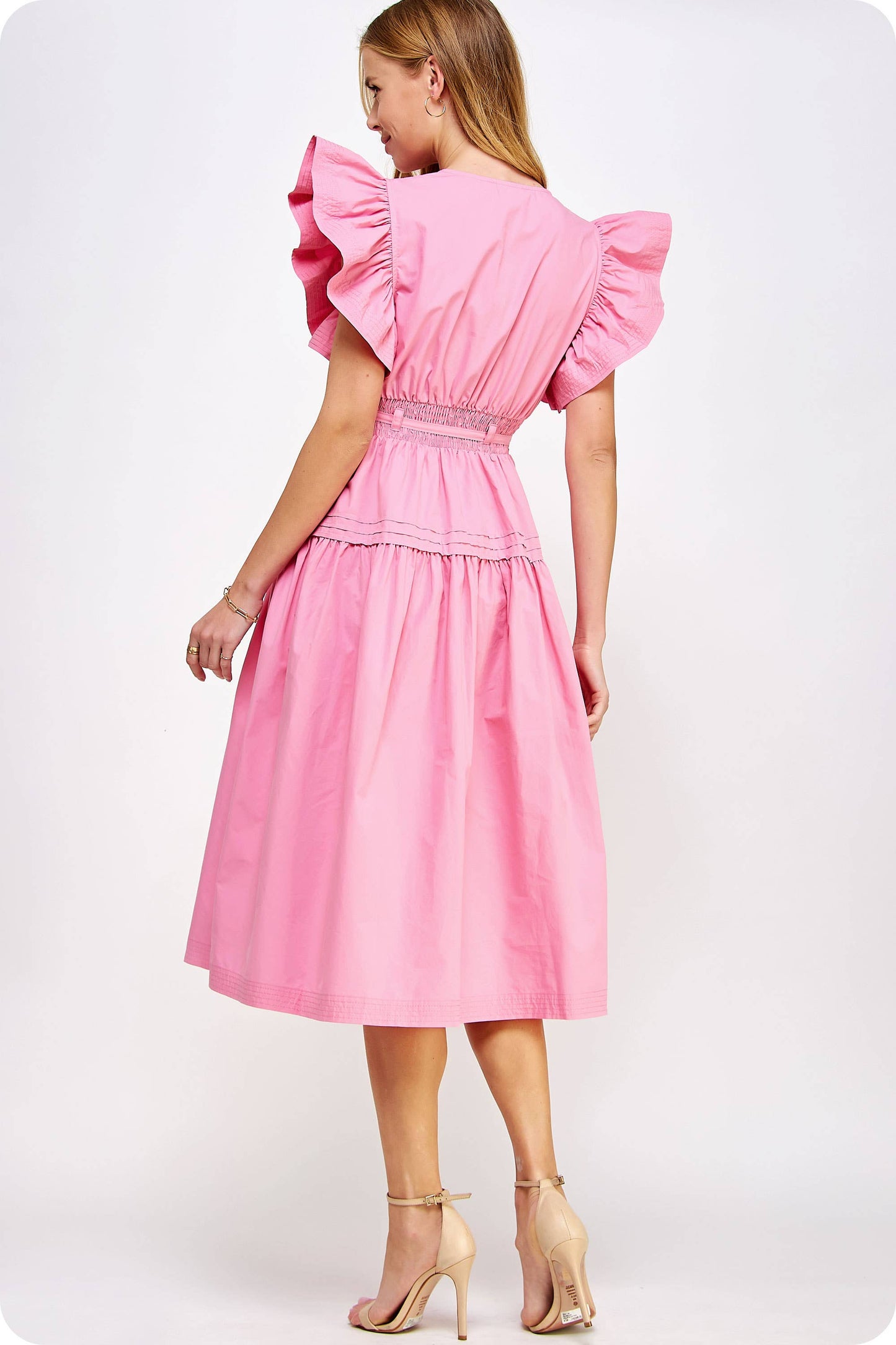 Flutter Sleeve Poplin Midi Dress: Pink