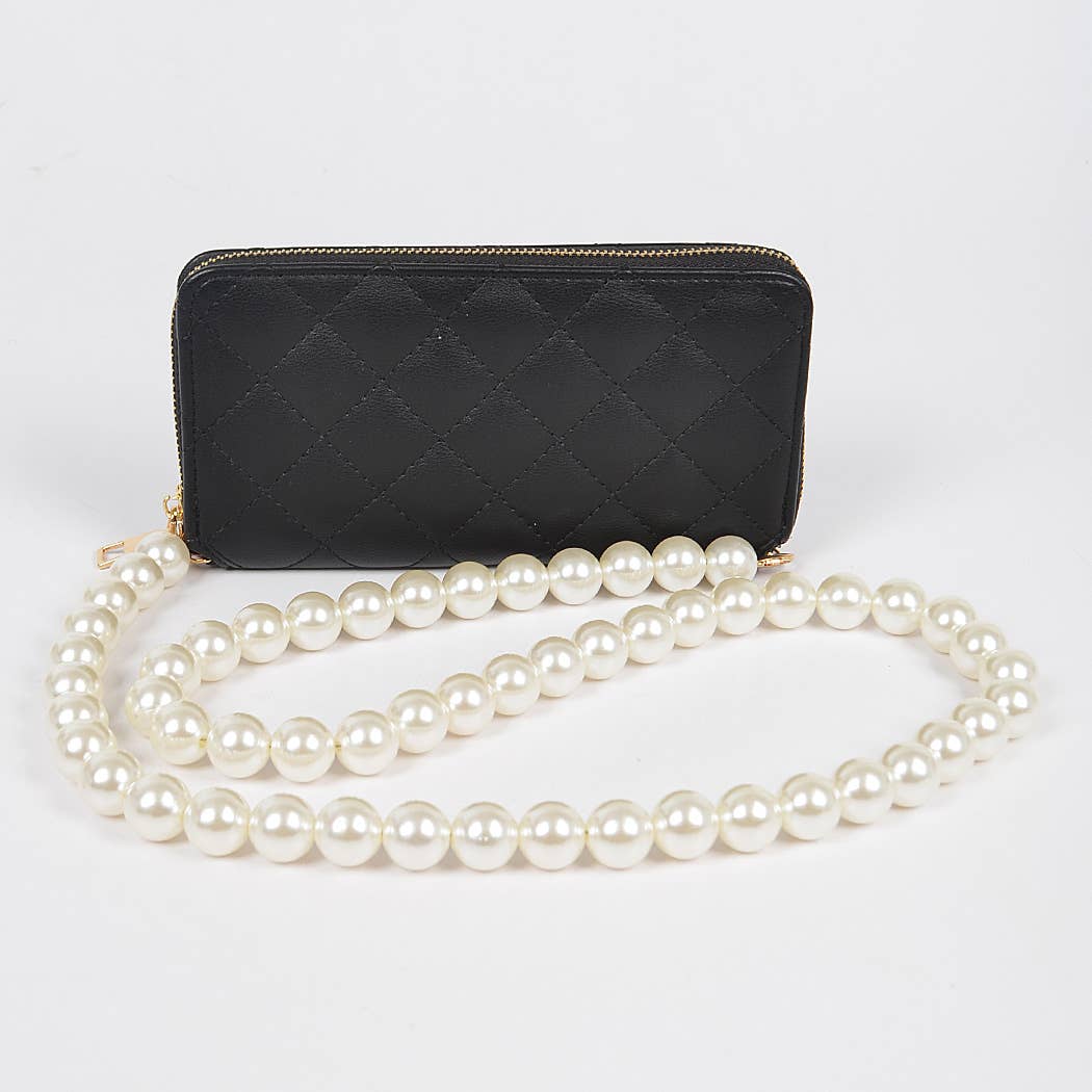 Faux Pearl Long Strap Crossbody Large Wallet: Black