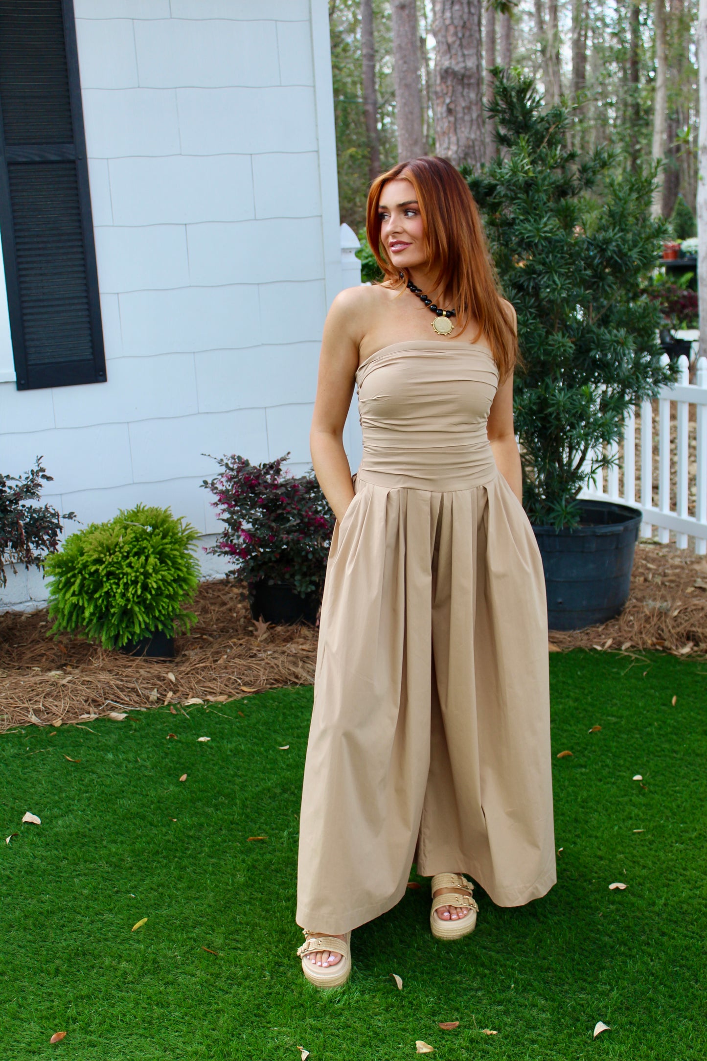 Tube Poplin Wide Jumpsuit: Tan