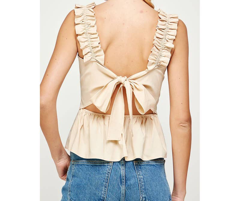 Peplum Back Tie Poplin Top: Oatmeal