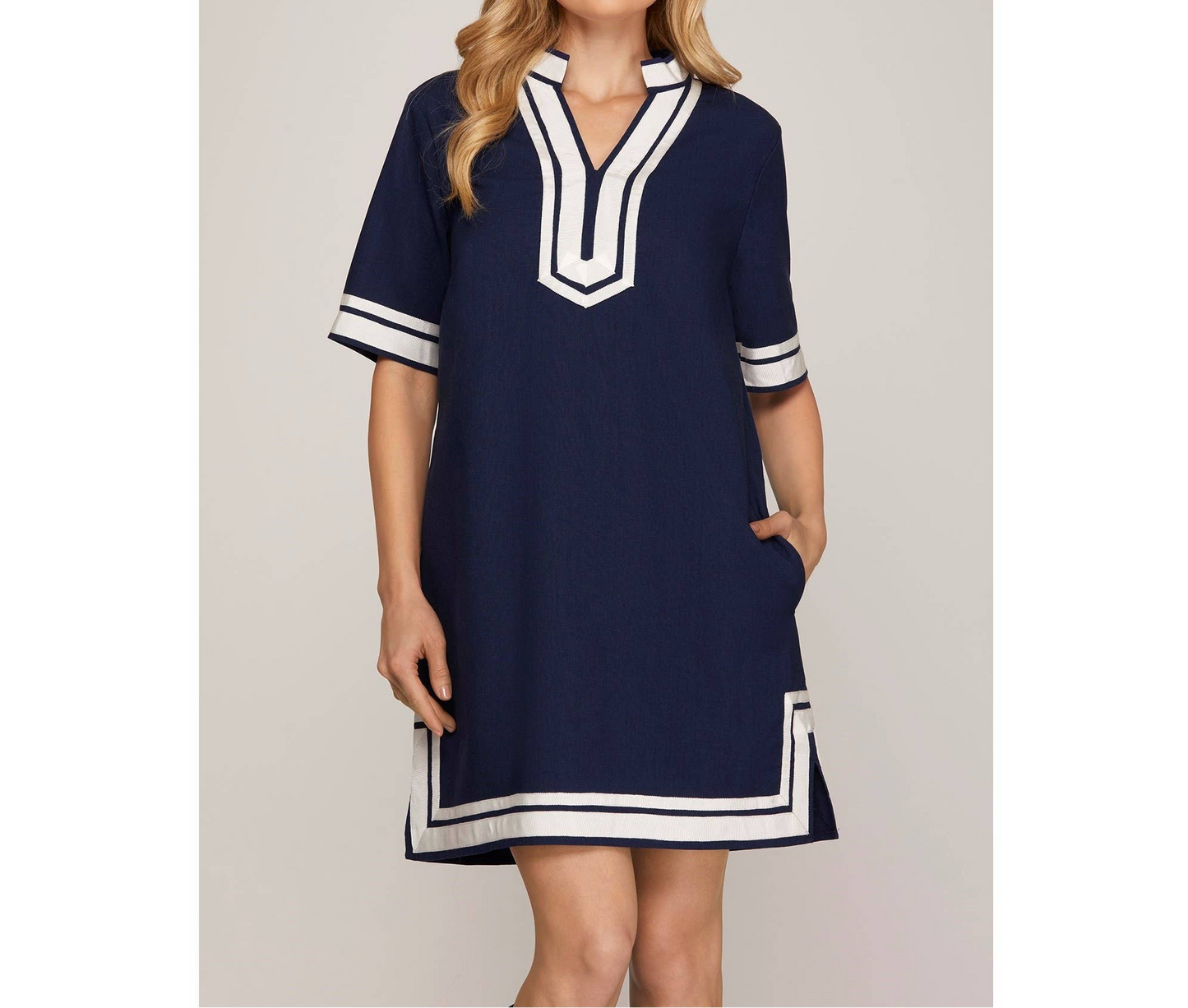 Navy Short Sleeve Contrast Trim Linen Dress