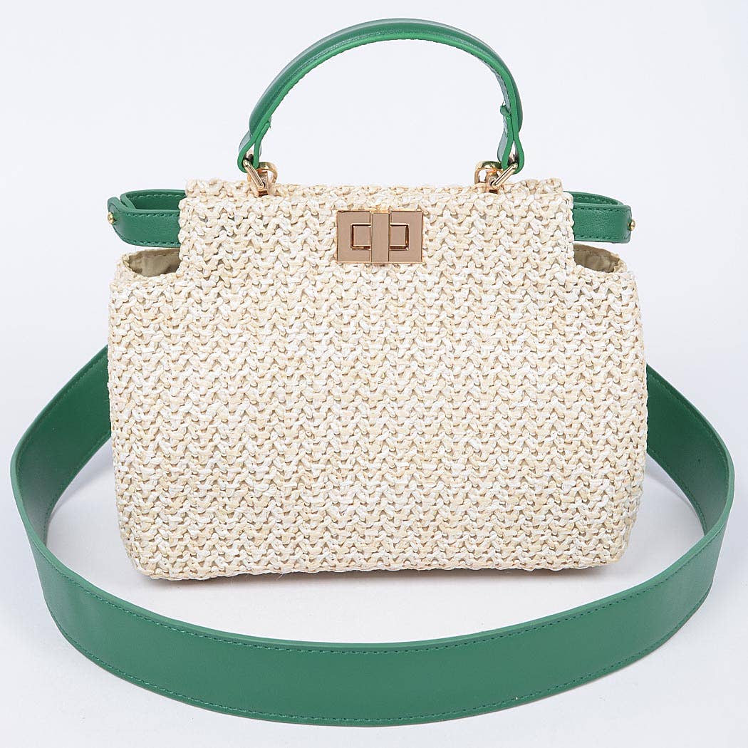 Faux Straw Top Handle Crossbody Bag: Green
