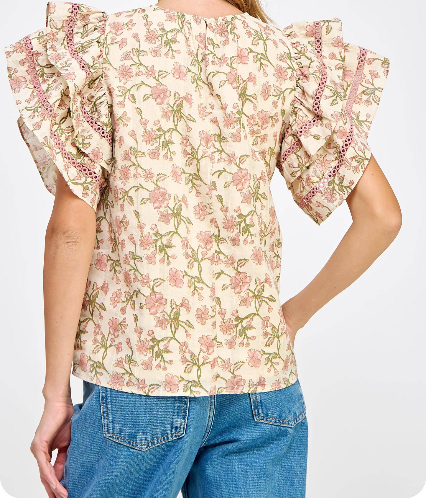 Double Layer Ruffle Sleeve Floral Top: Mauve Multi