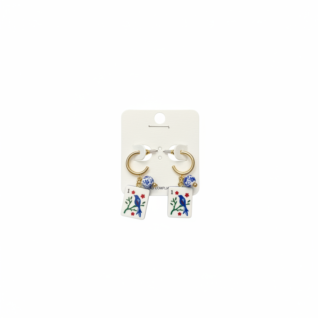 Blue bird mahjong charm earrings