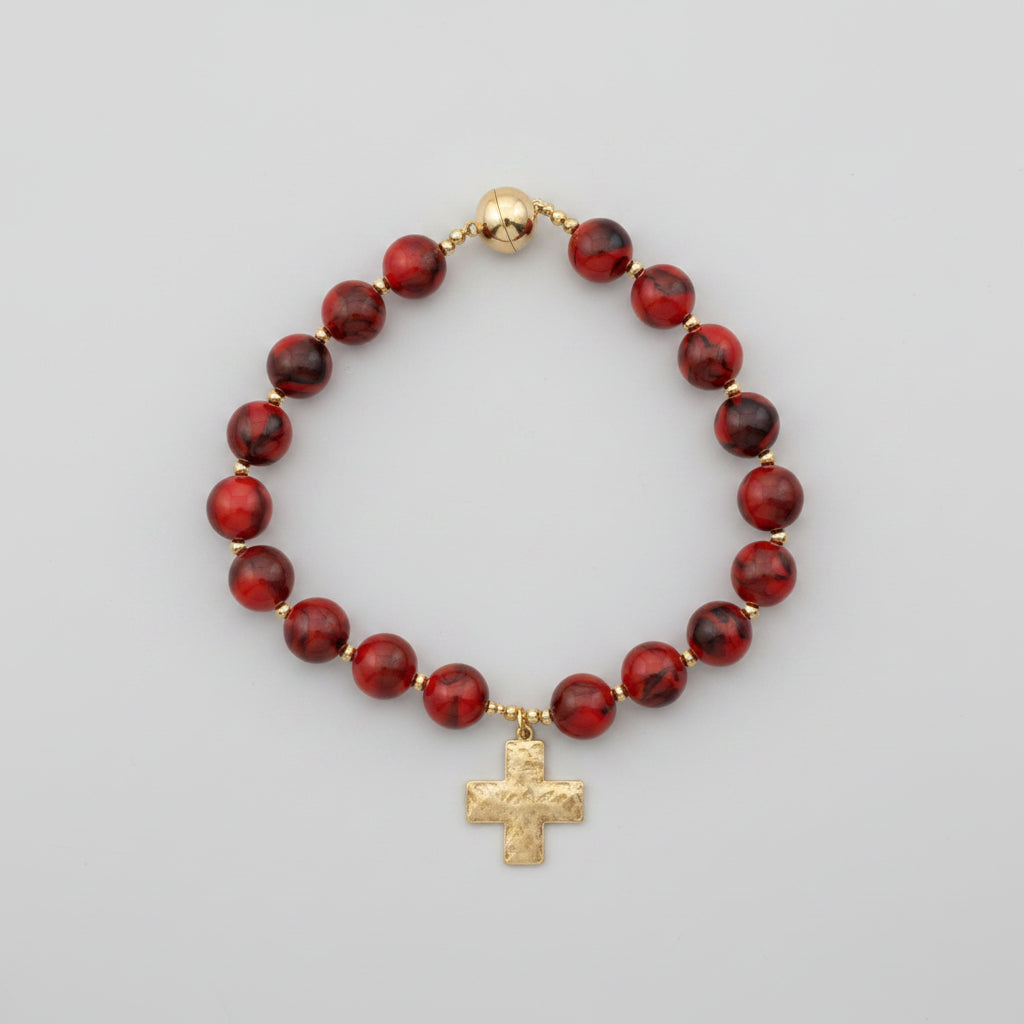 20mm Beads & Cross Charm Necklace Red