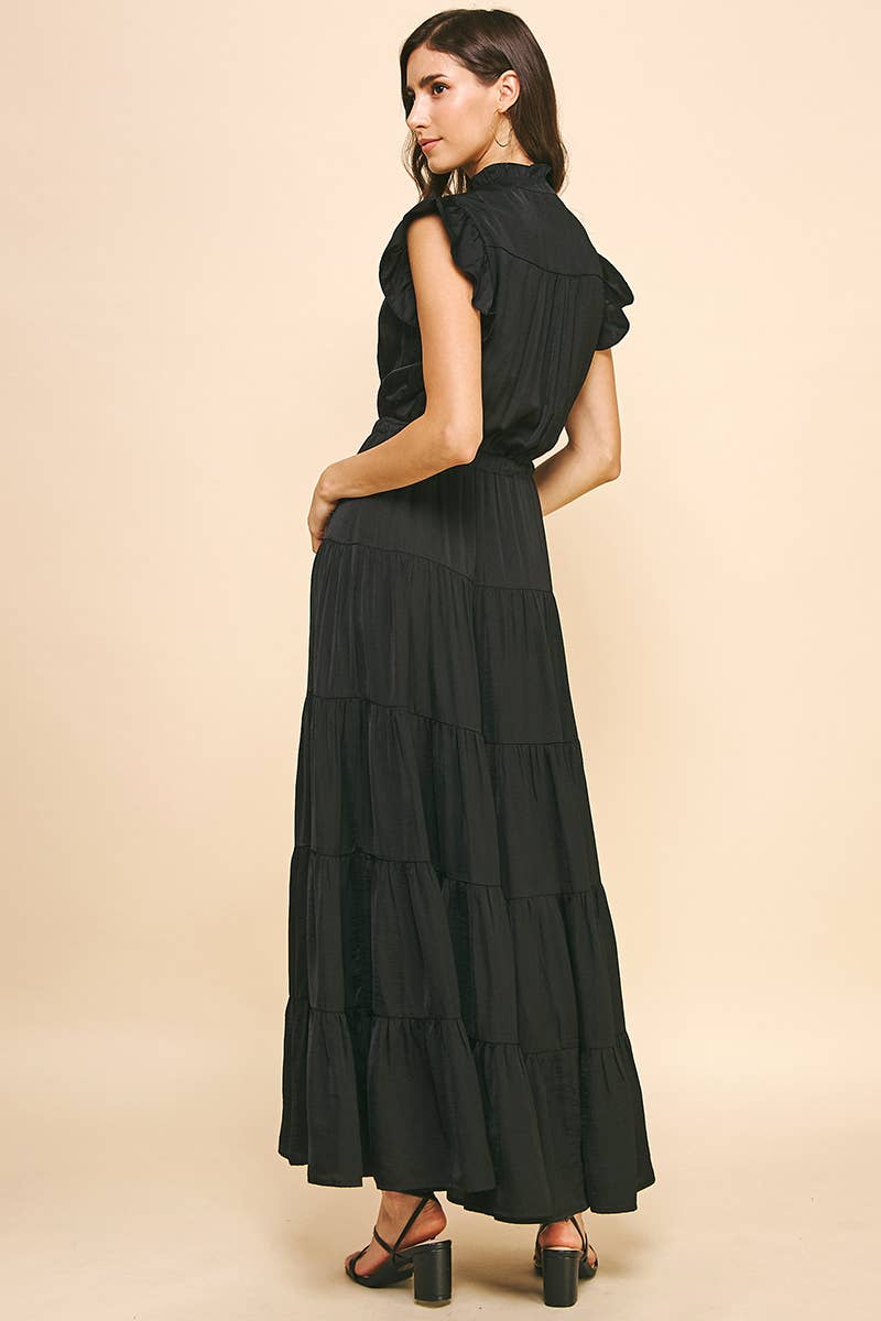 Black Satin Tiered Maxi Dress