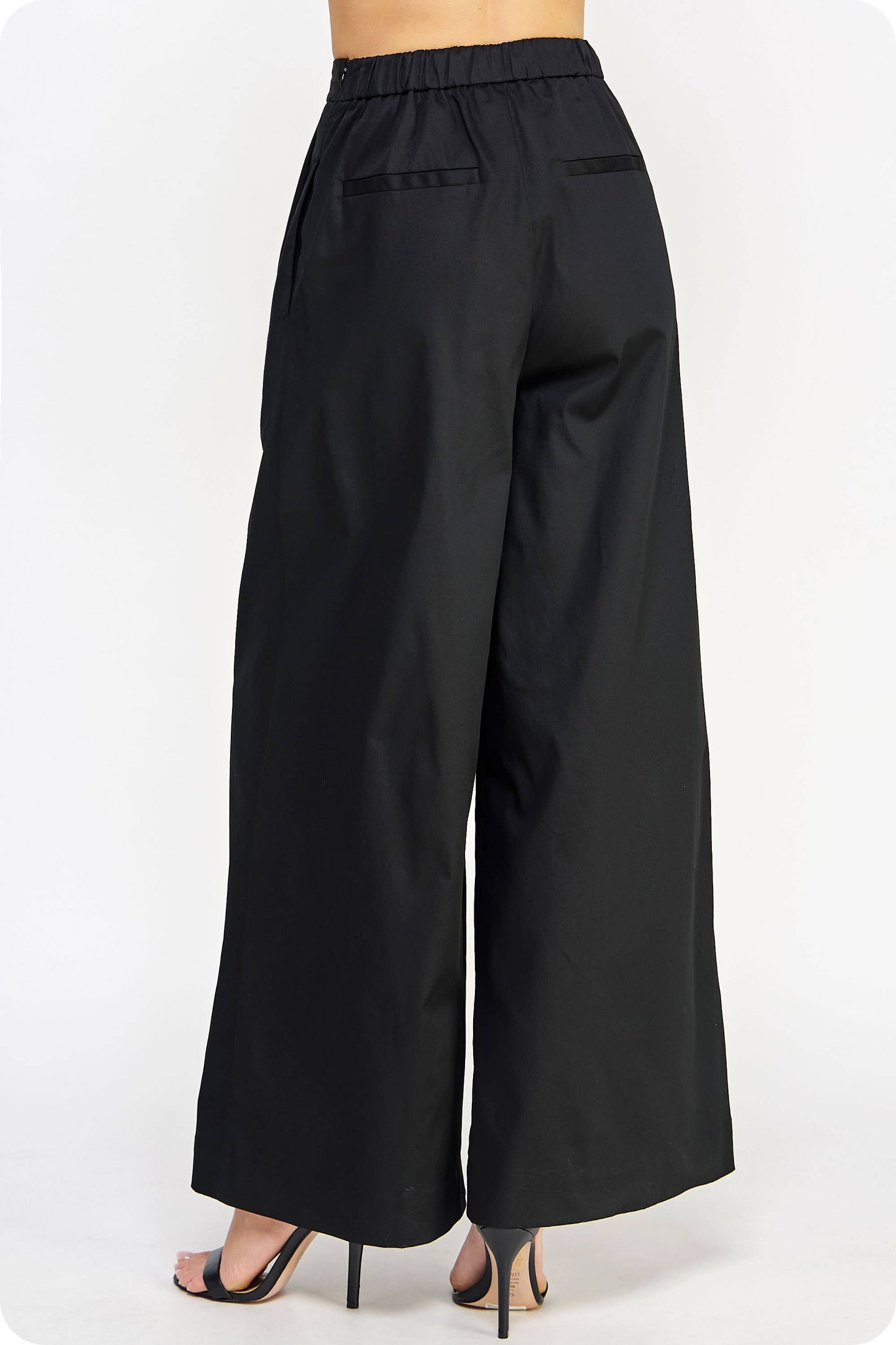 Pleat Detail Wide Leg Twill Pants: Black