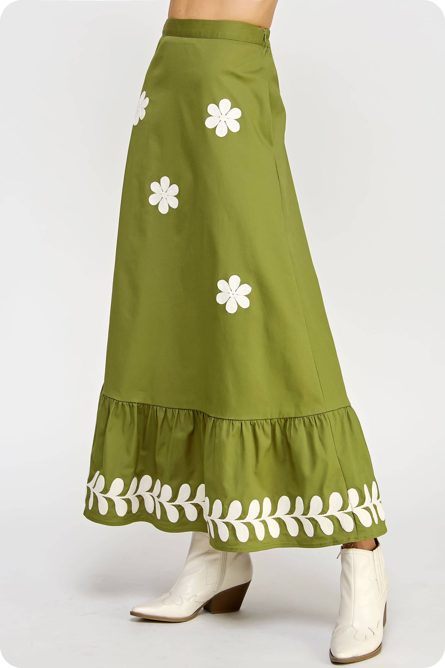 Embroidered Ruffled Midi Skirt: Olive