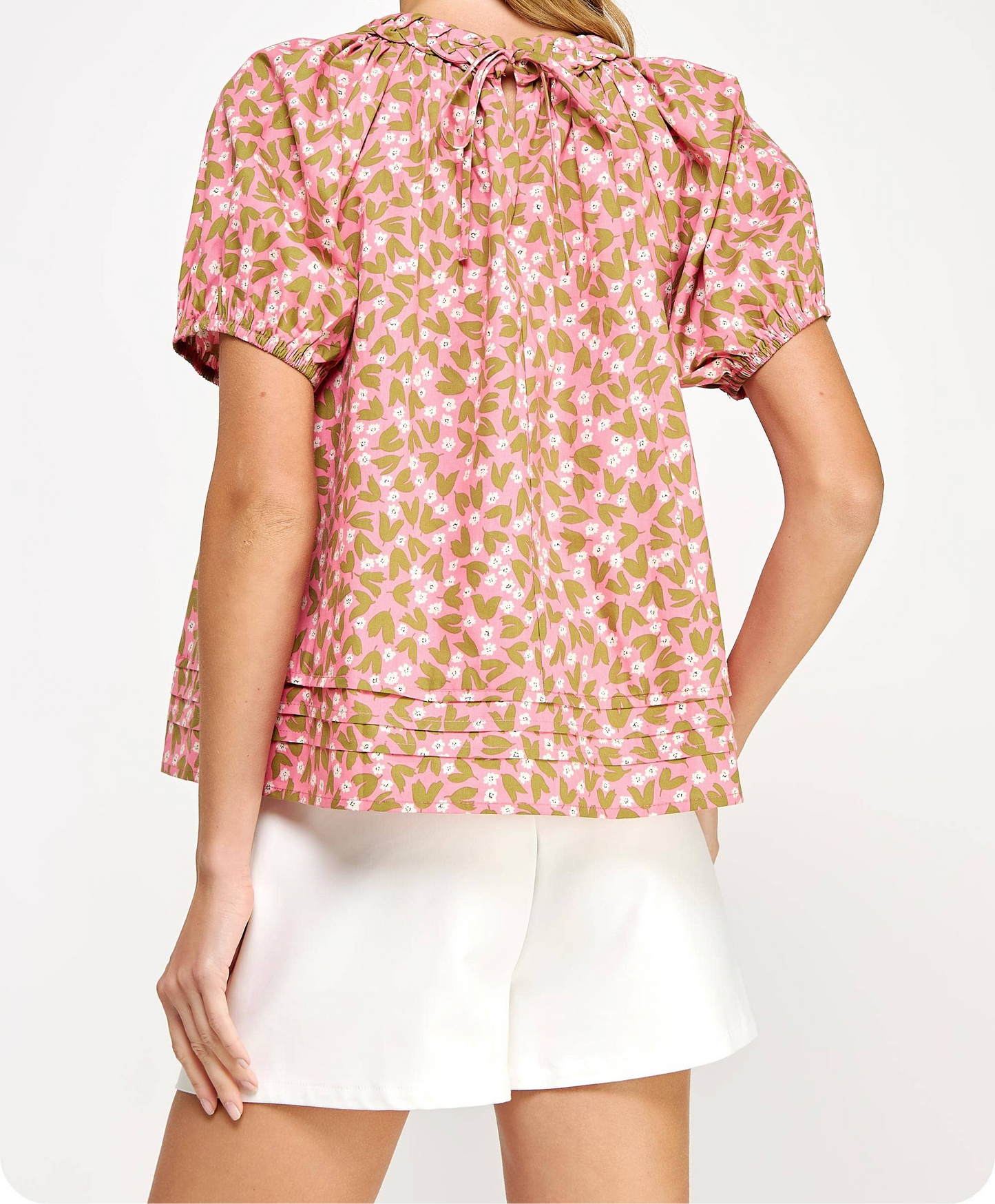 Braid Trim Floral Voile Blouse: Pink/olive