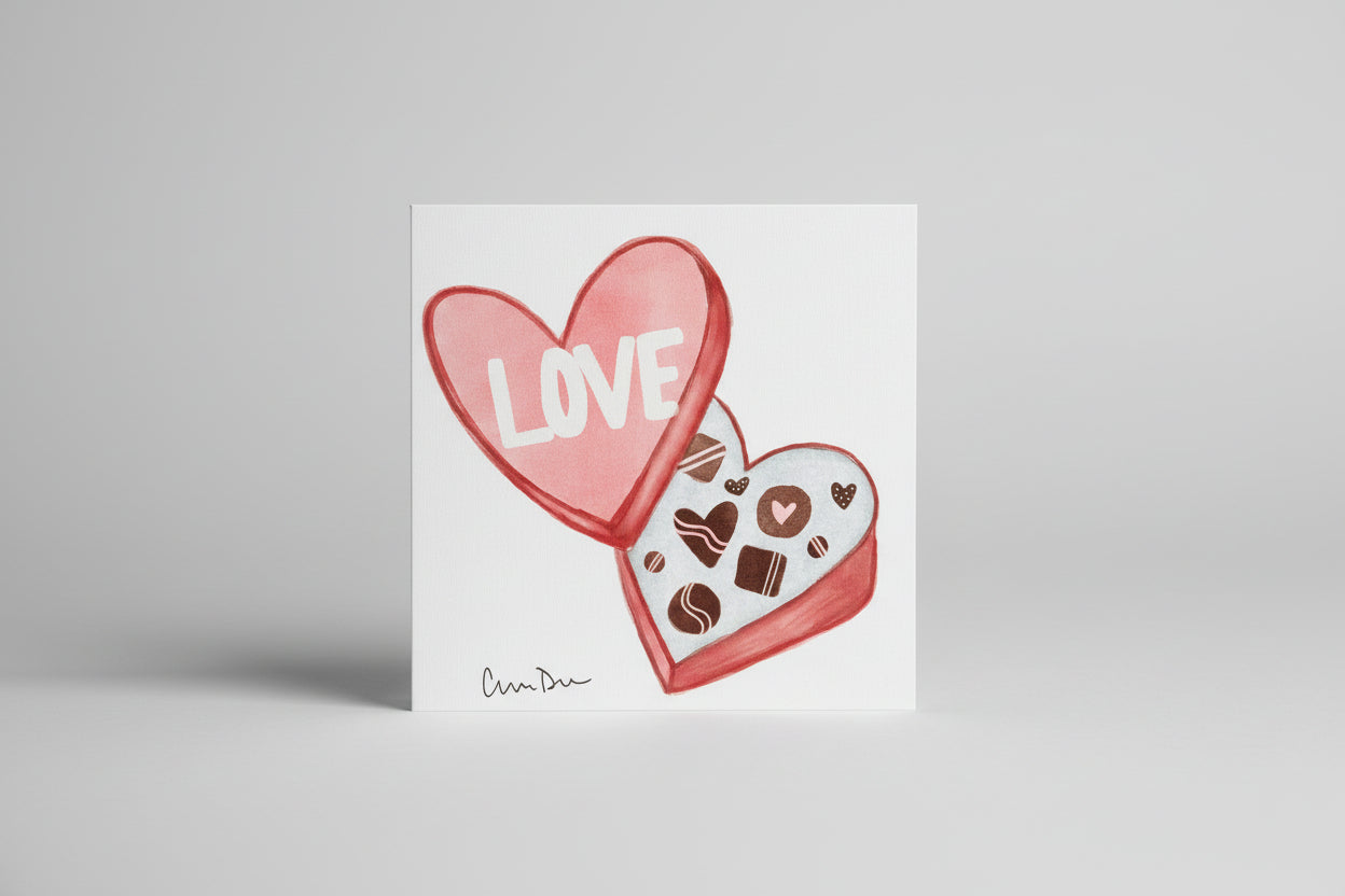 Handmade Watercolor Valentines Box of Chocolates Card by Chandler Dittmer