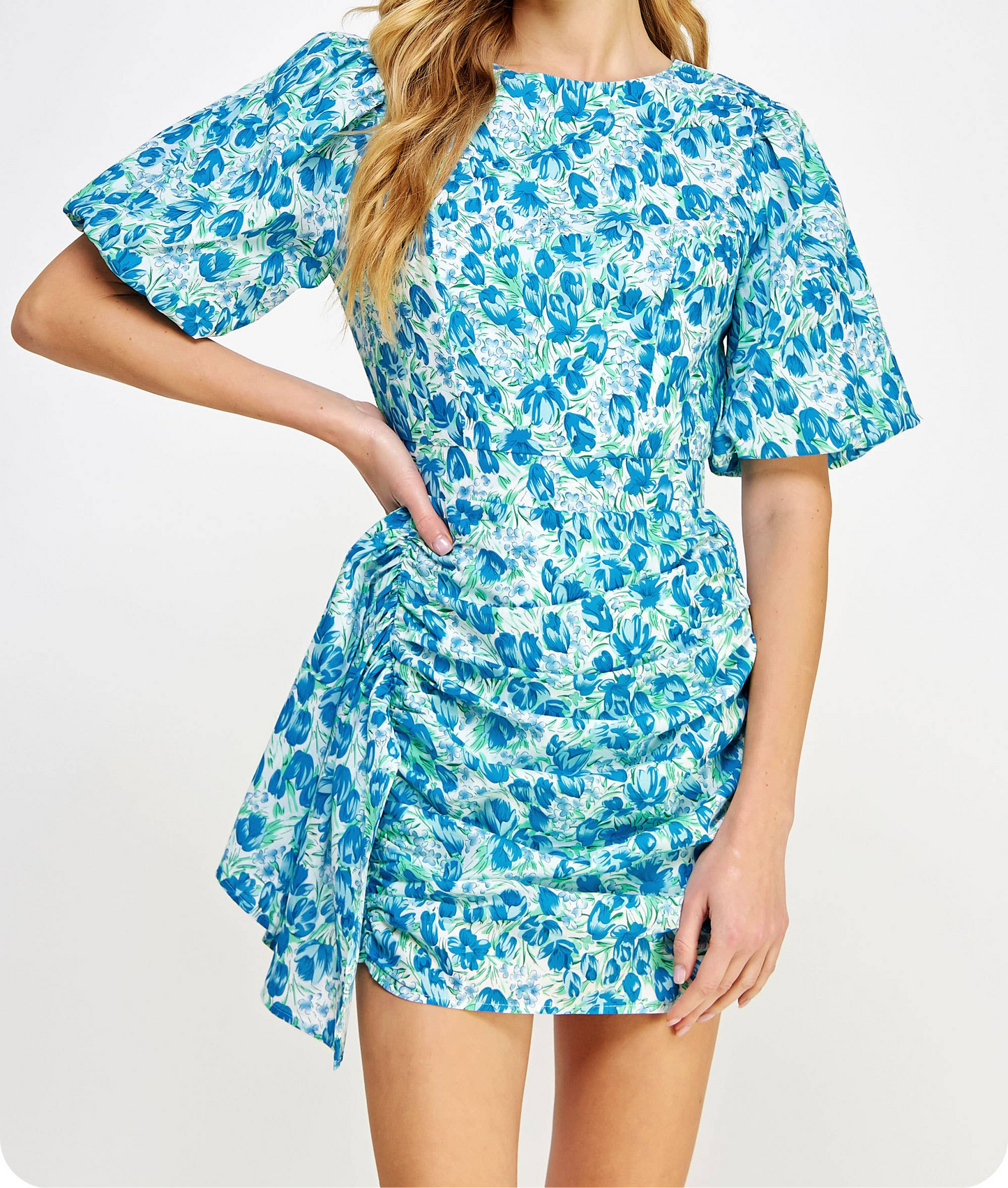 Ruched Short Puff Sleeve Floral Voile Mini Dress: Blue