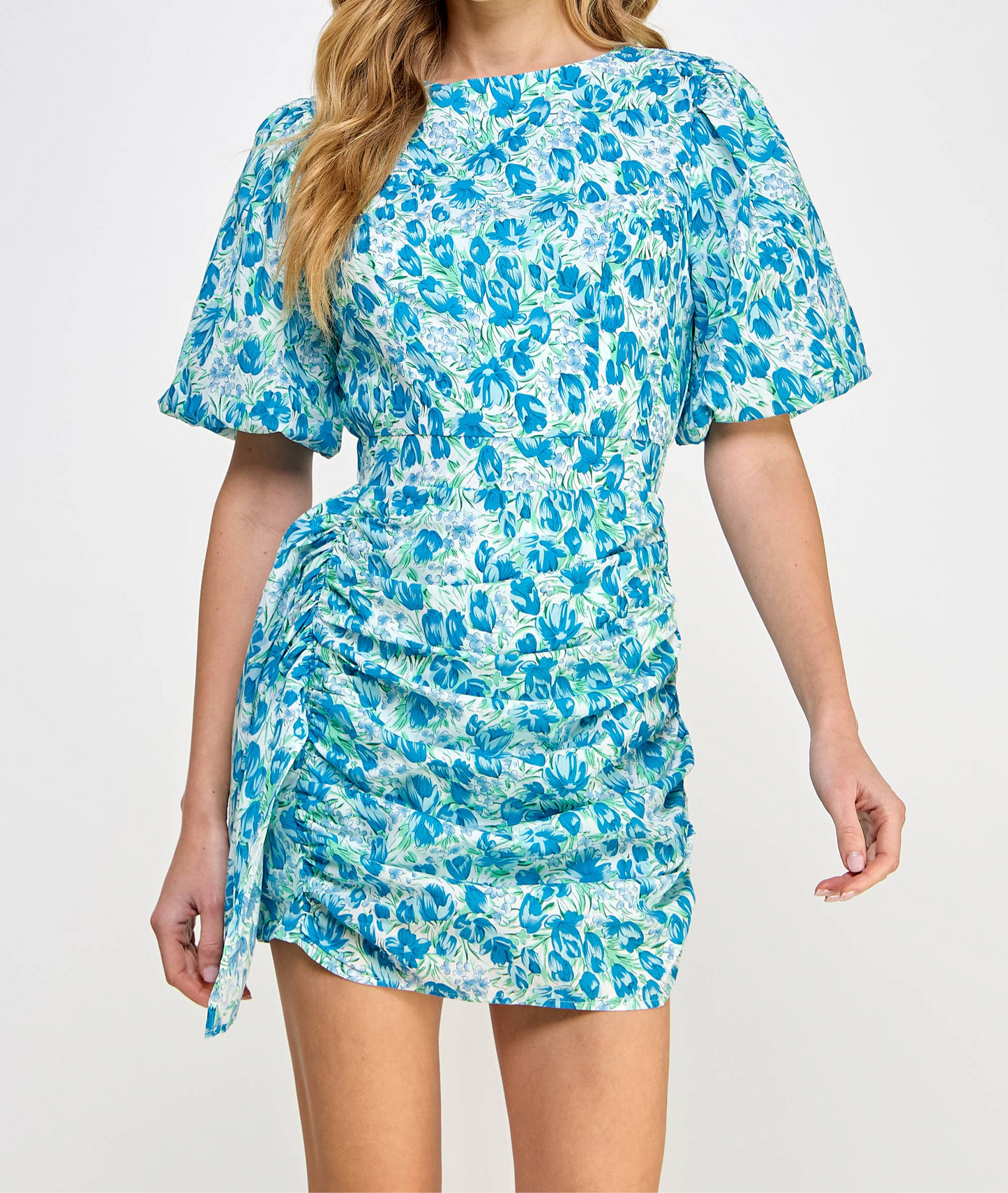 Ruched Short Puff Sleeve Floral Voile Mini Dress: Blue