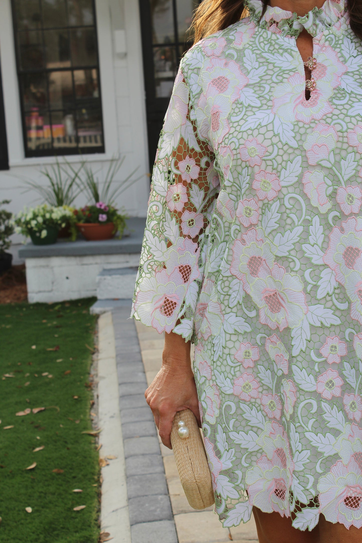 Brianna Cannon Pastel Floral Lace Caftan Dress