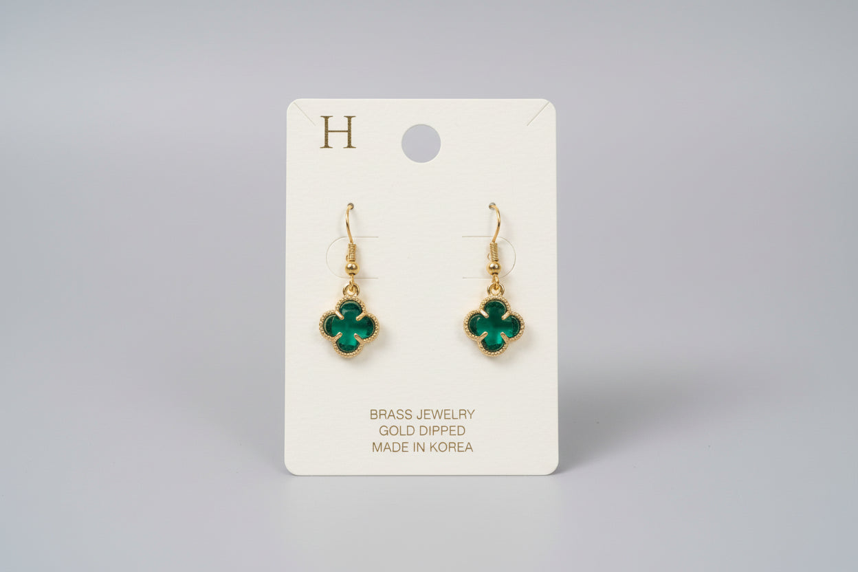 Green Glass Clover Dangle Earrings