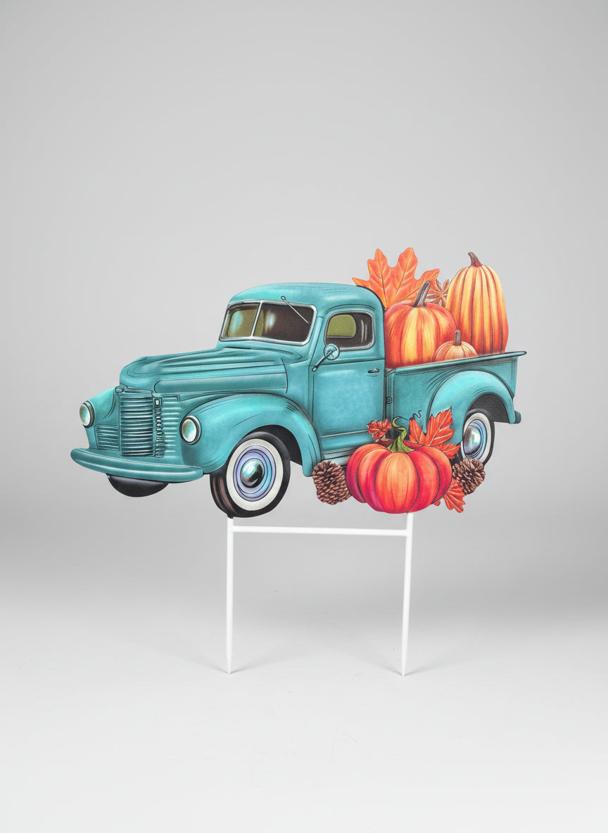Metal Blue Truck with Pumpkins