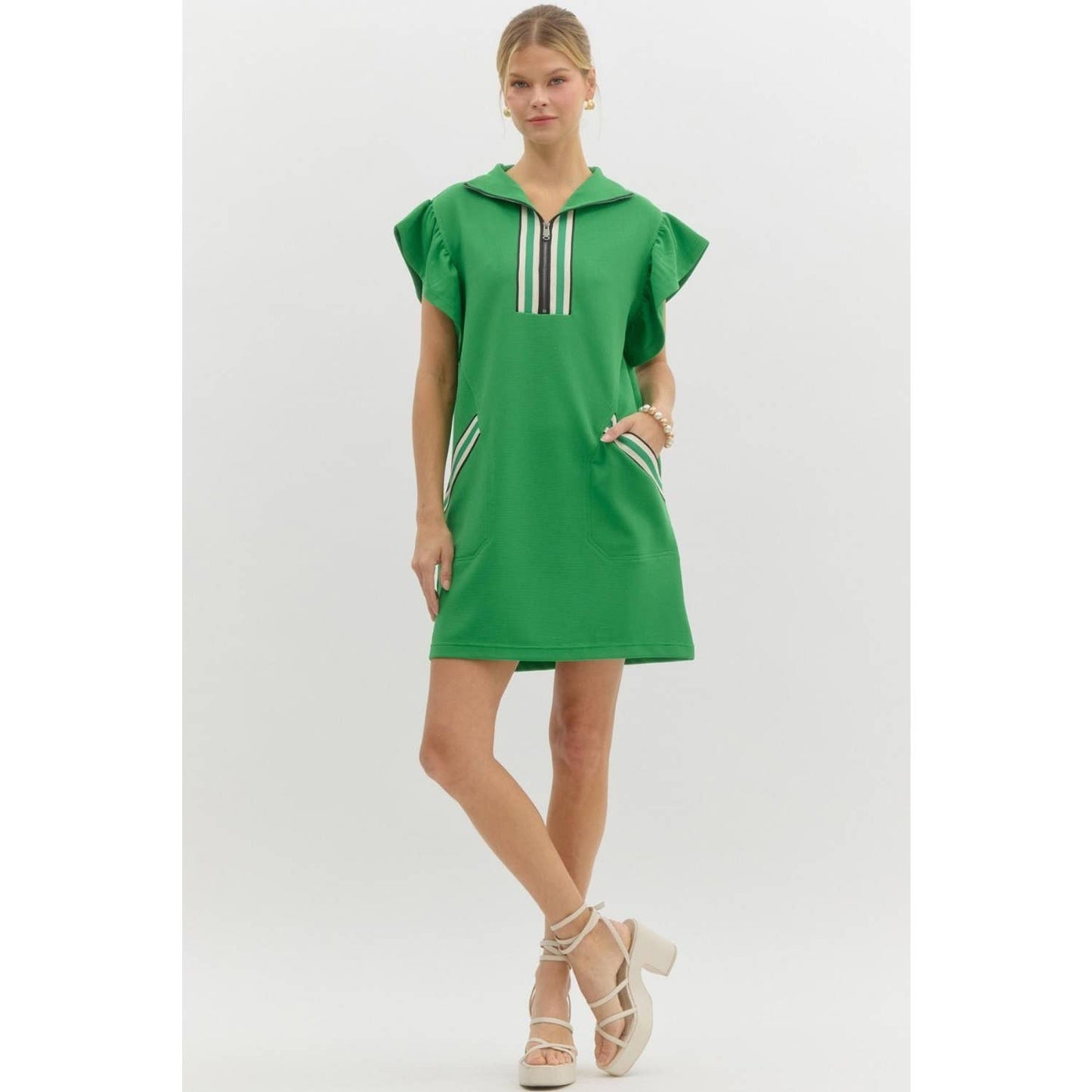 Solid Half-Zip Collared Flutter Sleeve Mini Dress with Multicolor Band