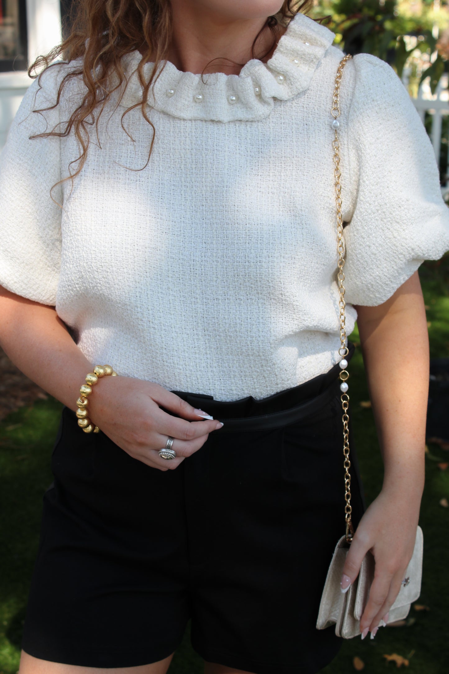 Pearled Ruffle Neckline Top