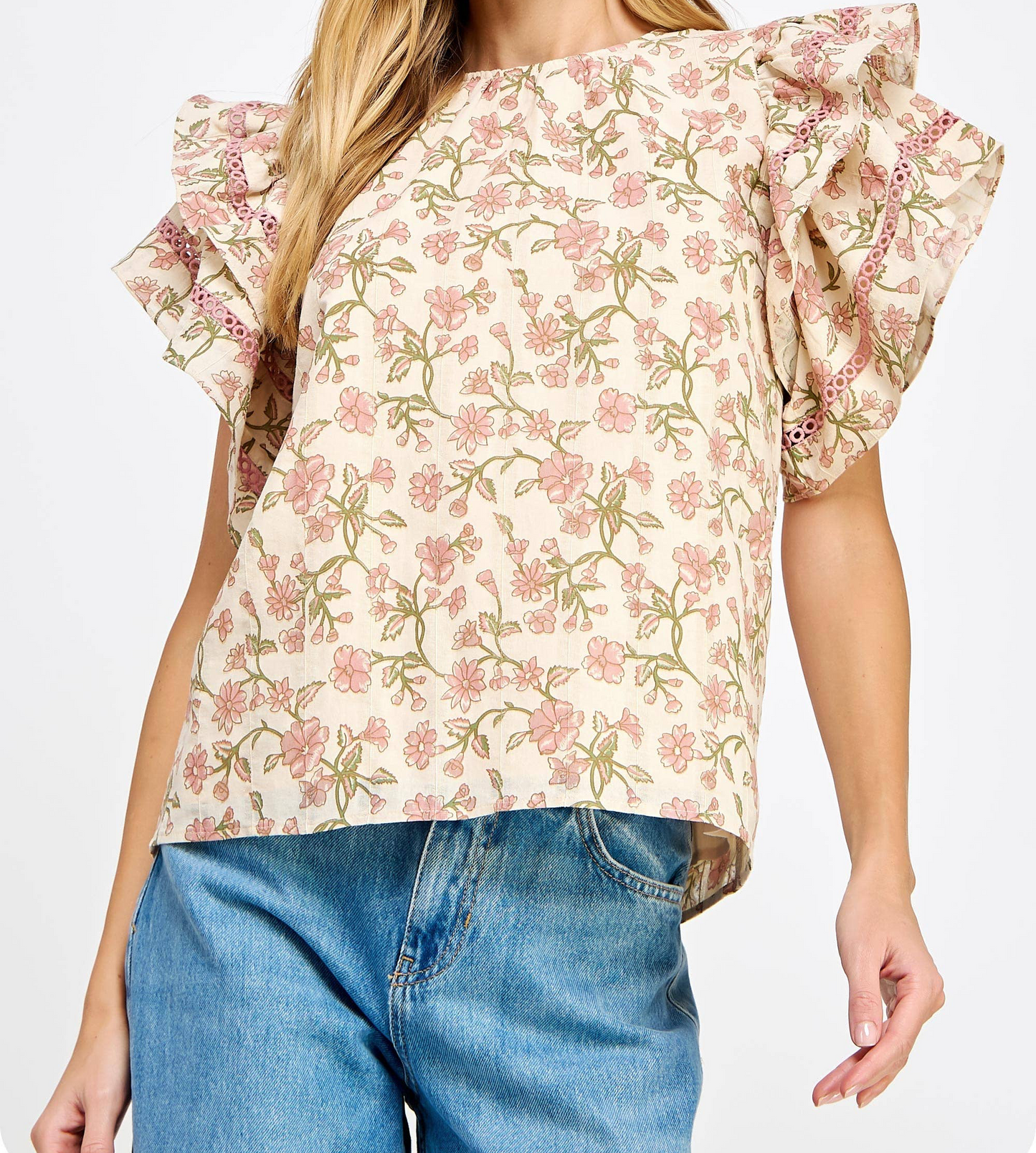 Double Layer Ruffle Sleeve Floral Top: Mauve Multi
