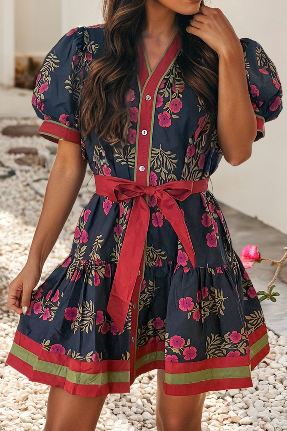 Retro Floral Button Down Belted Puff Sleeve Mini Dress