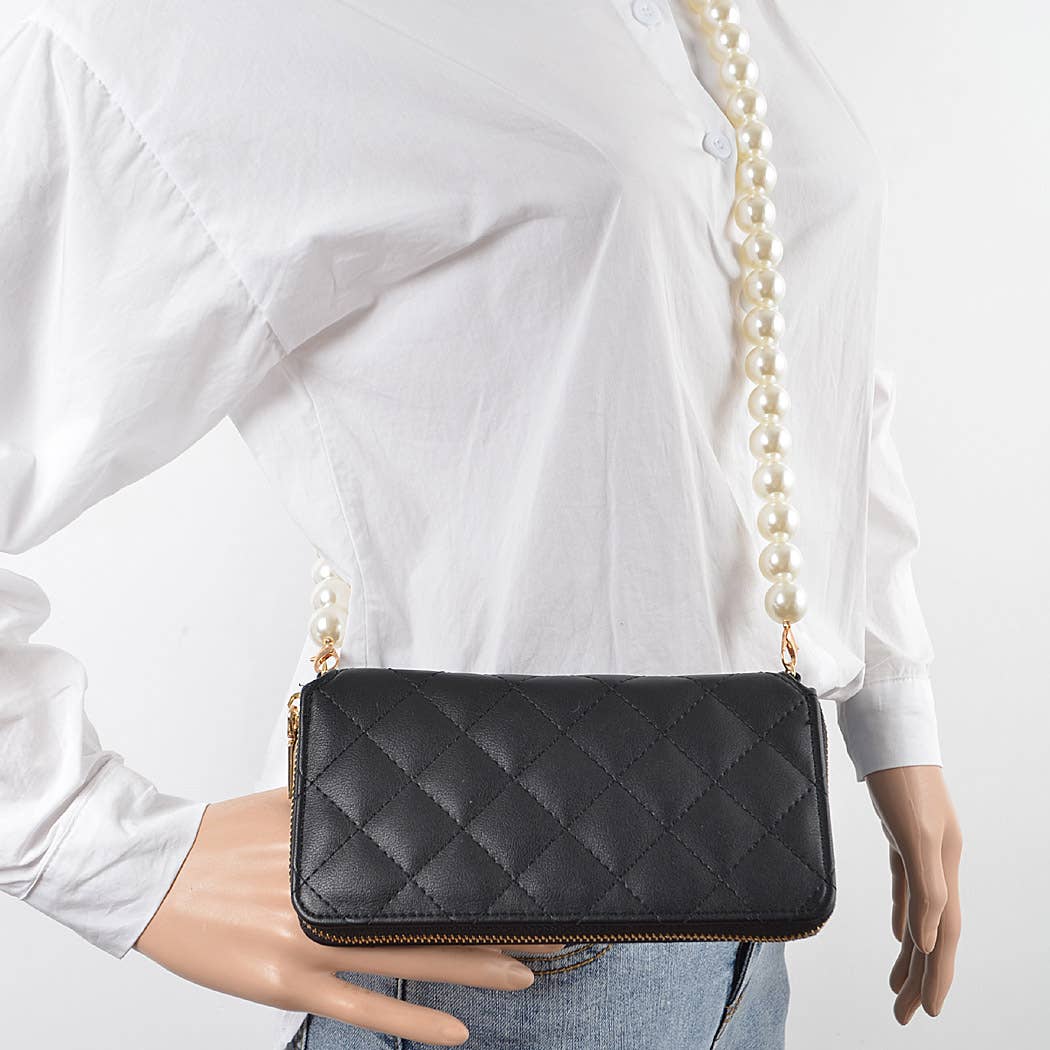 Faux Pearl Long Strap Crossbody Large Wallet: Black