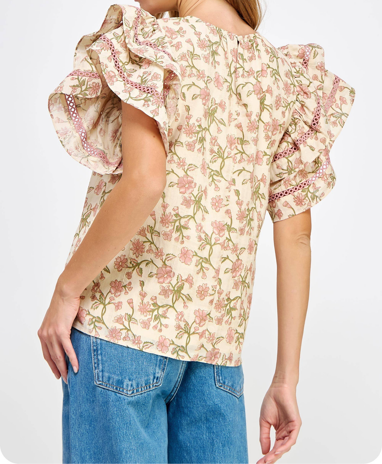 Double Layer Ruffle Sleeve Floral Top: Mauve Multi