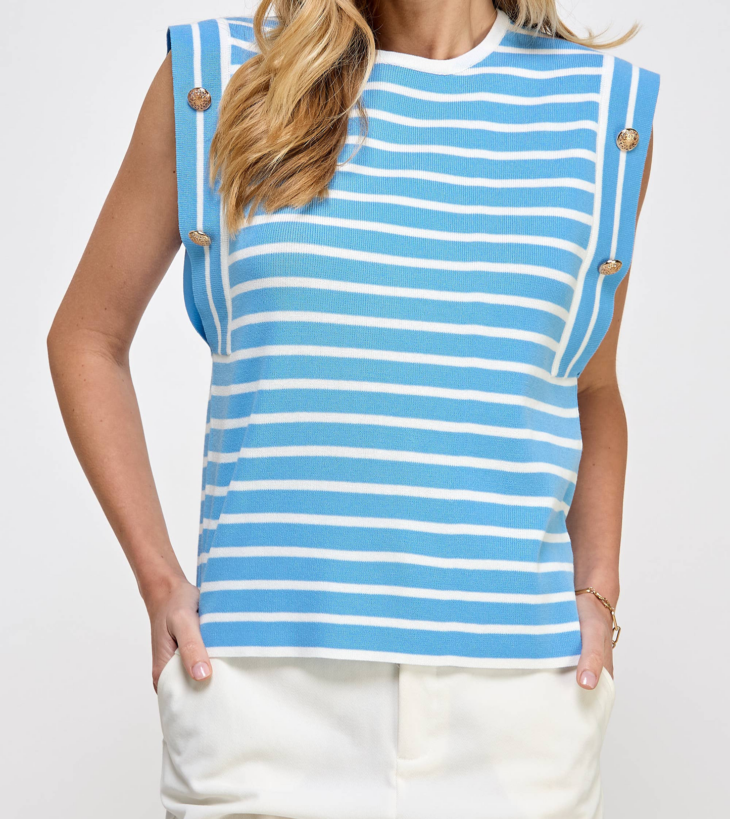 Striped Sleeveless Knit Top: Chambray/ White Stripe