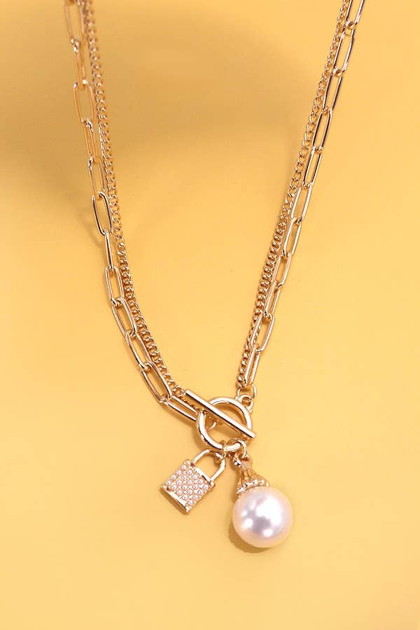 PEARL LOCK CHARM DOUBLE LAYER TOGGLE NECKLACE