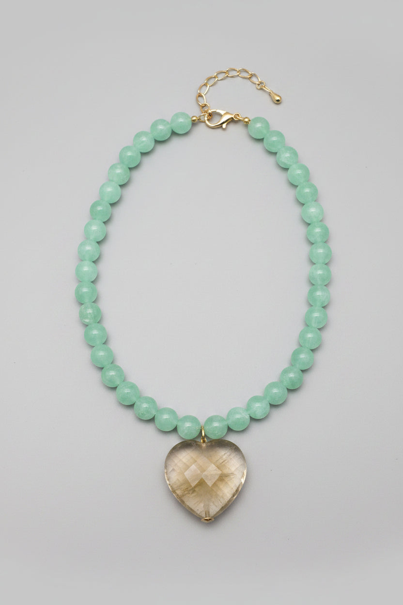 Green Bead & Brown Heart Necklace