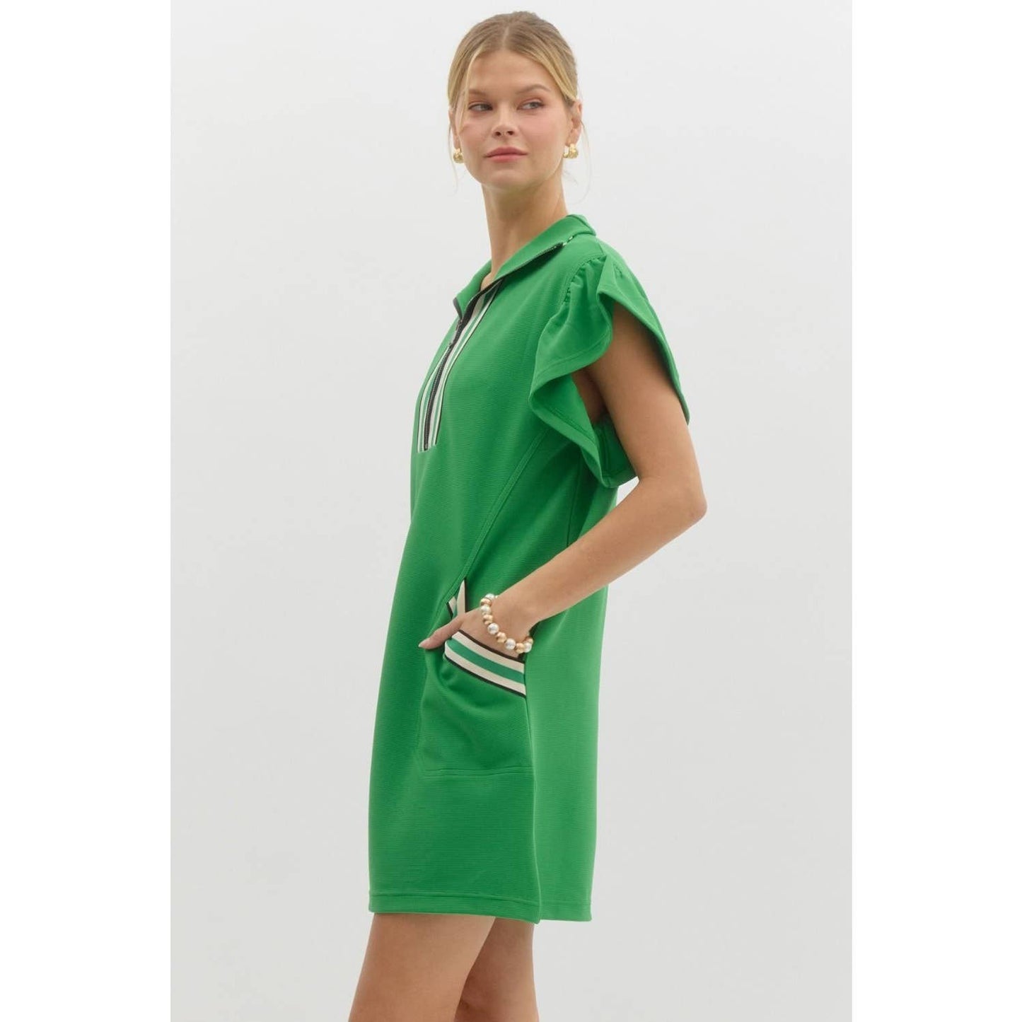 Solid Half-Zip Collared Flutter Sleeve Mini Dress with Multicolor Band