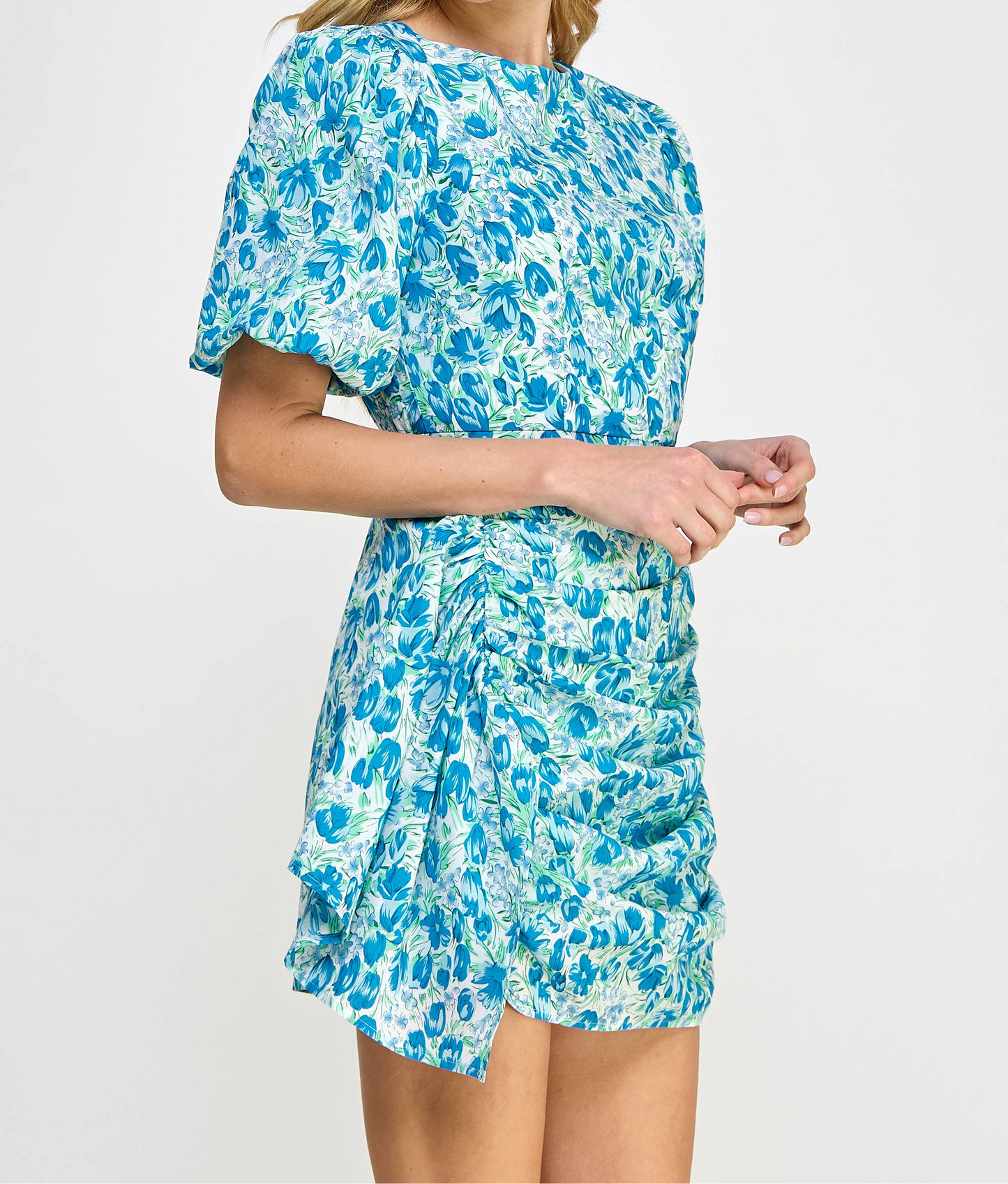 Ruched Short Puff Sleeve Floral Voile Mini Dress: Blue