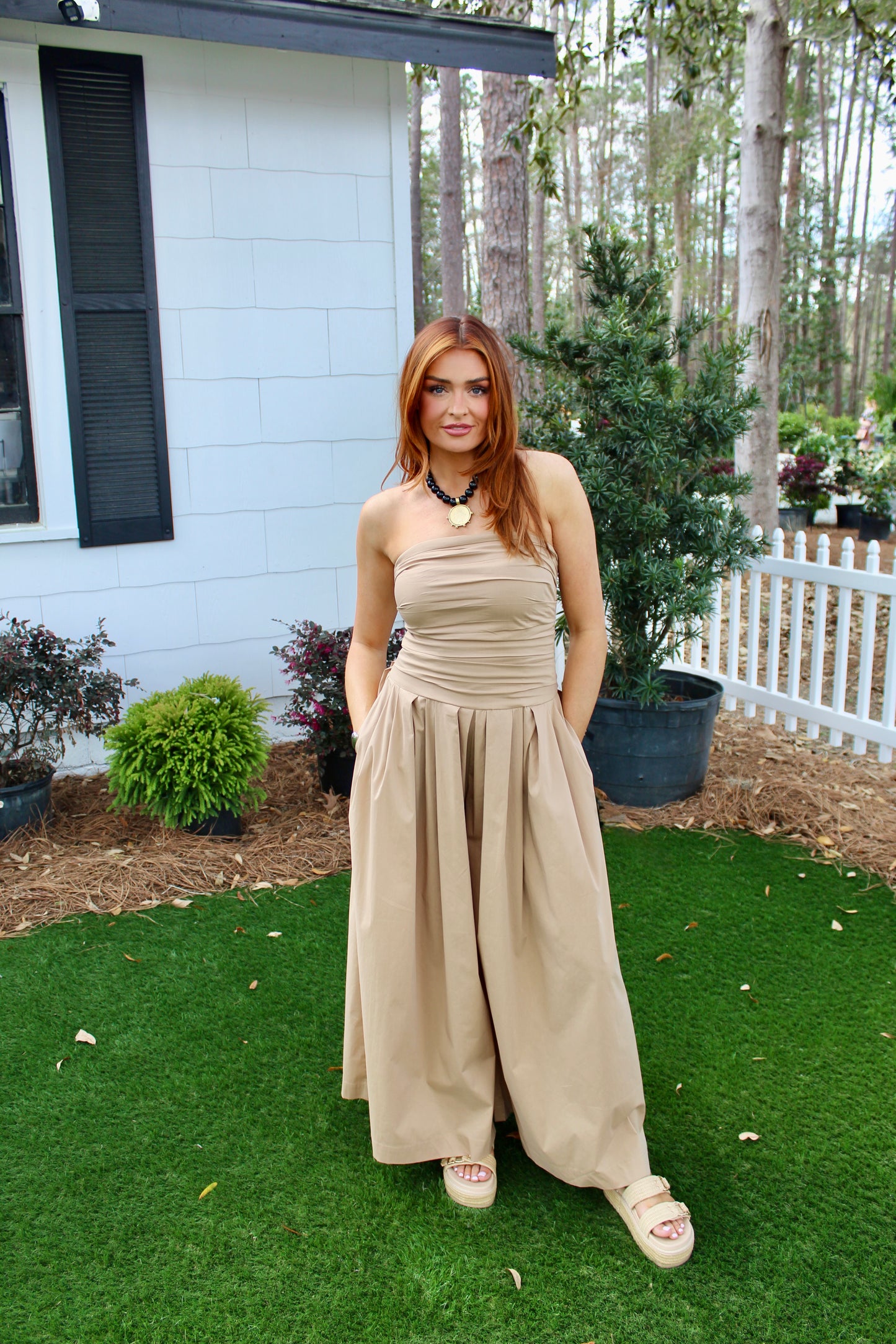 Tube Poplin Wide Jumpsuit: Tan