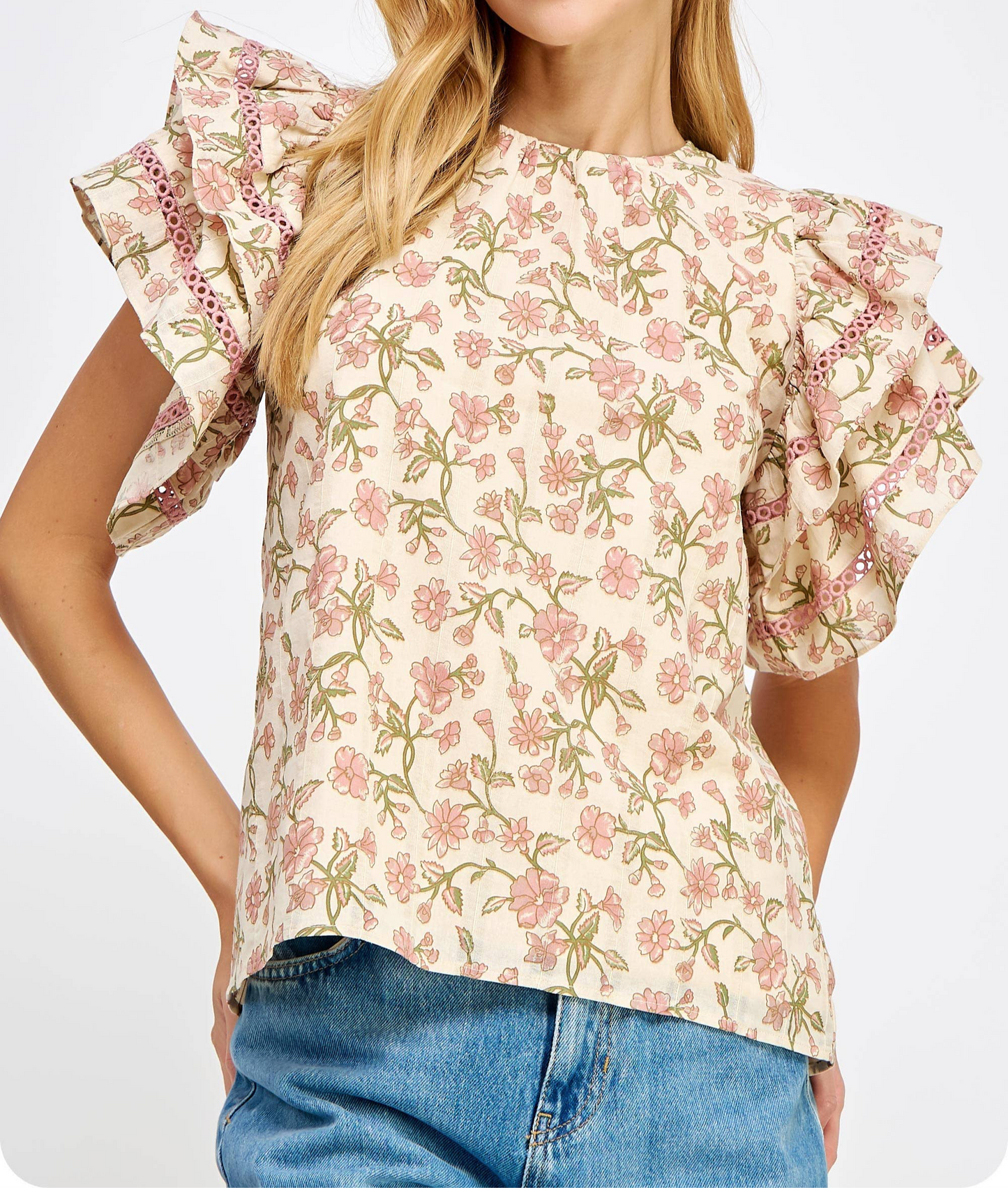 Double Layer Ruffle Sleeve Floral Top: Mauve Multi