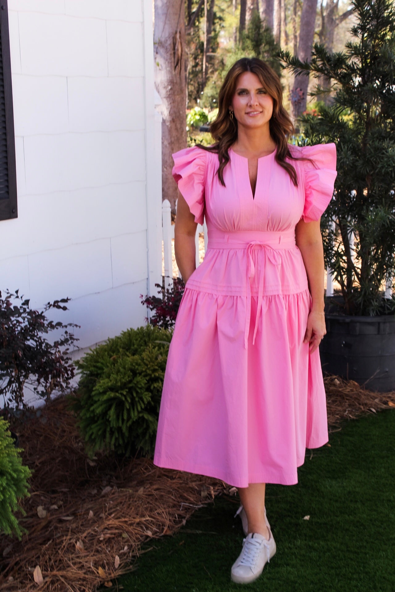 Flutter Sleeve Poplin Midi Dress: Pink