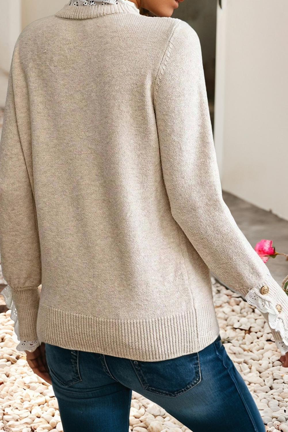 Lace Trim Patchwork Buttoned Cuffs Loose Sweater