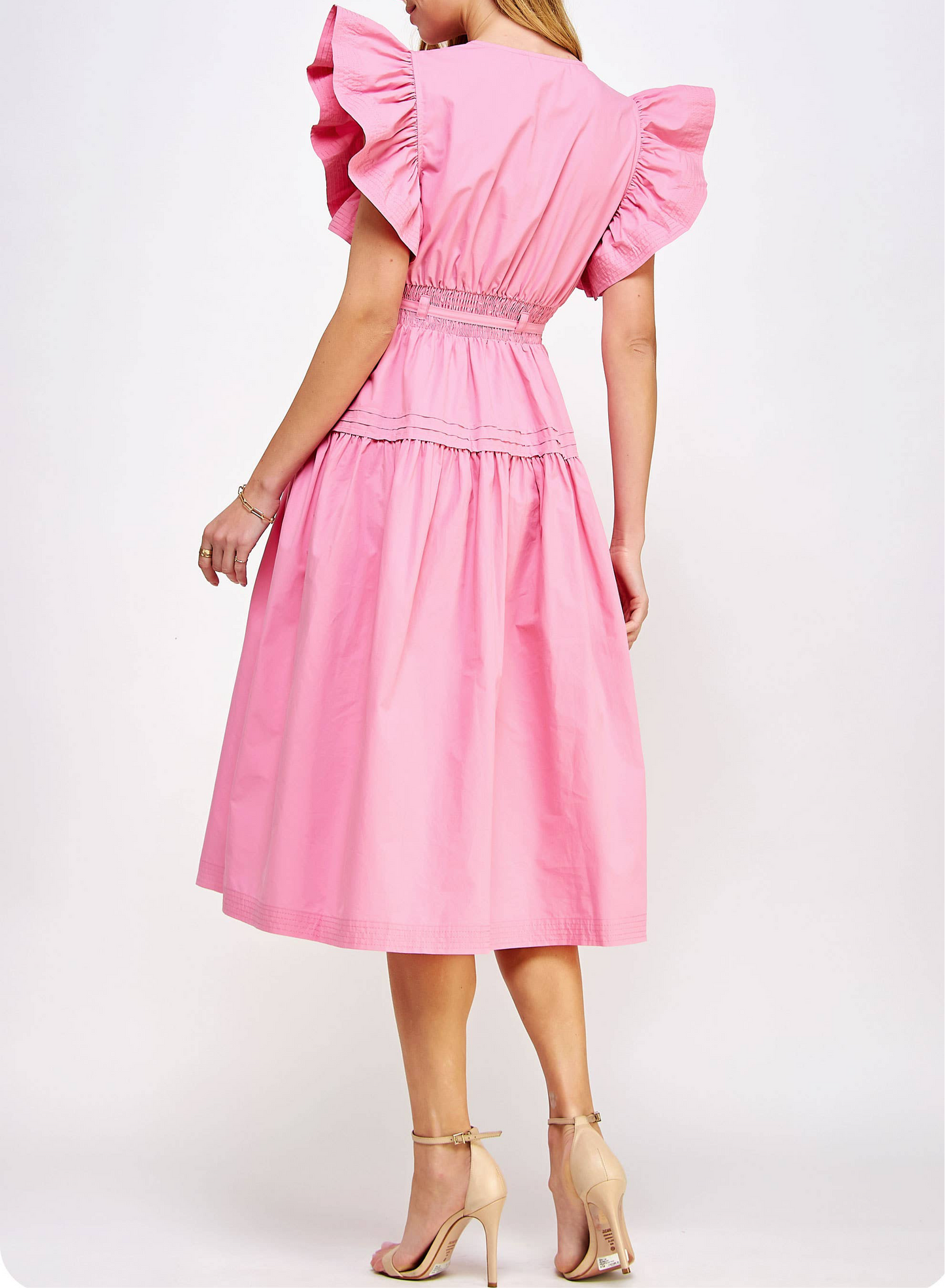 Flutter Sleeve Poplin Midi Dress: Pink