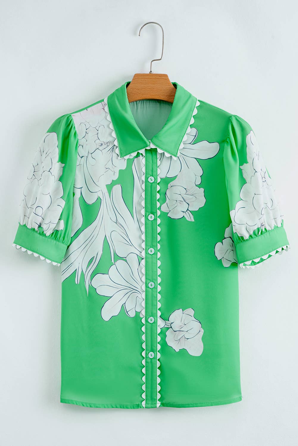 Floral Ric Rac Edge Puff Sleeve Button Up Summer Shirt