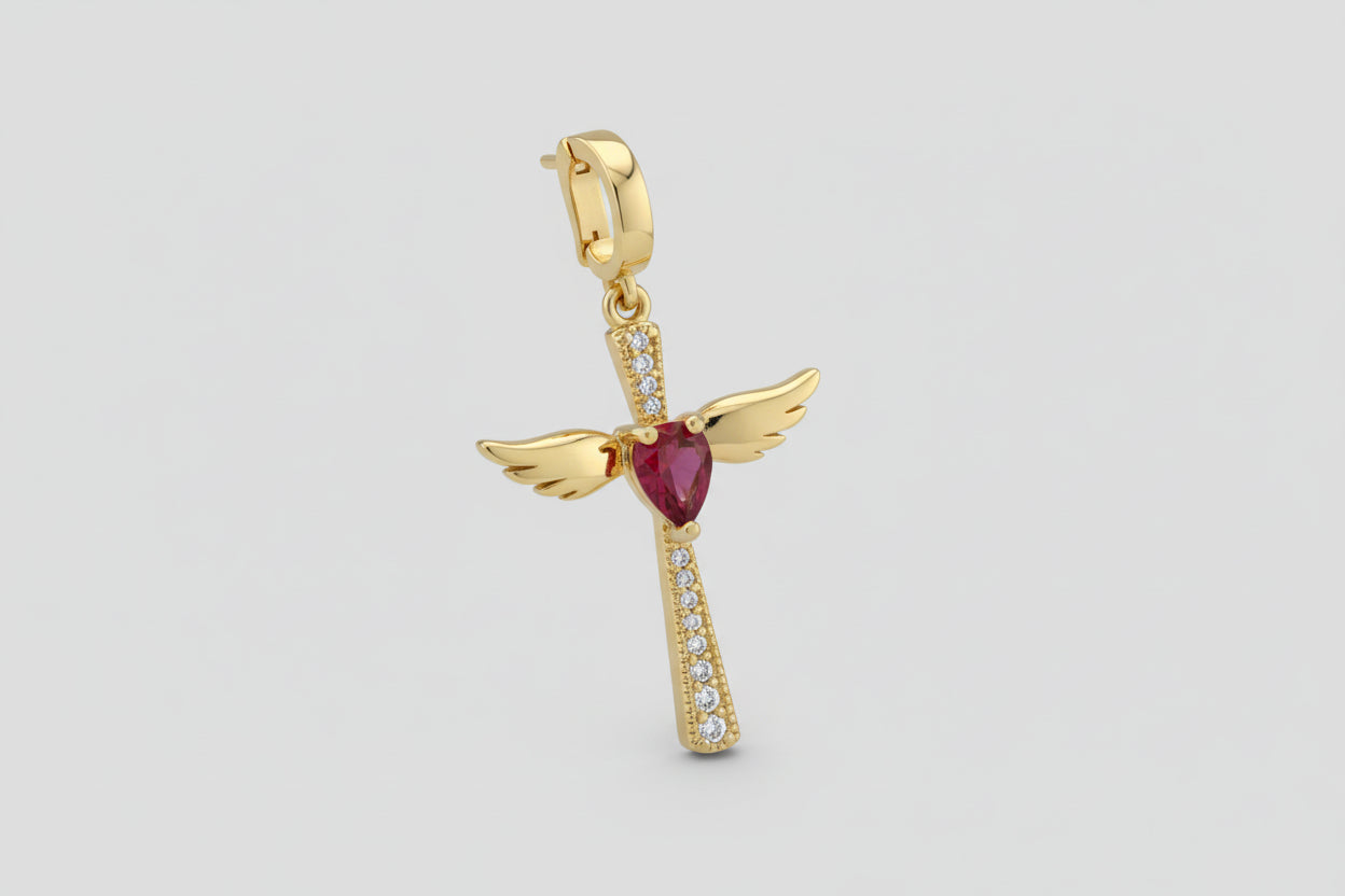 Cross with Wings & Center Gem Charm — Faith, Hope, and Gentle Strength