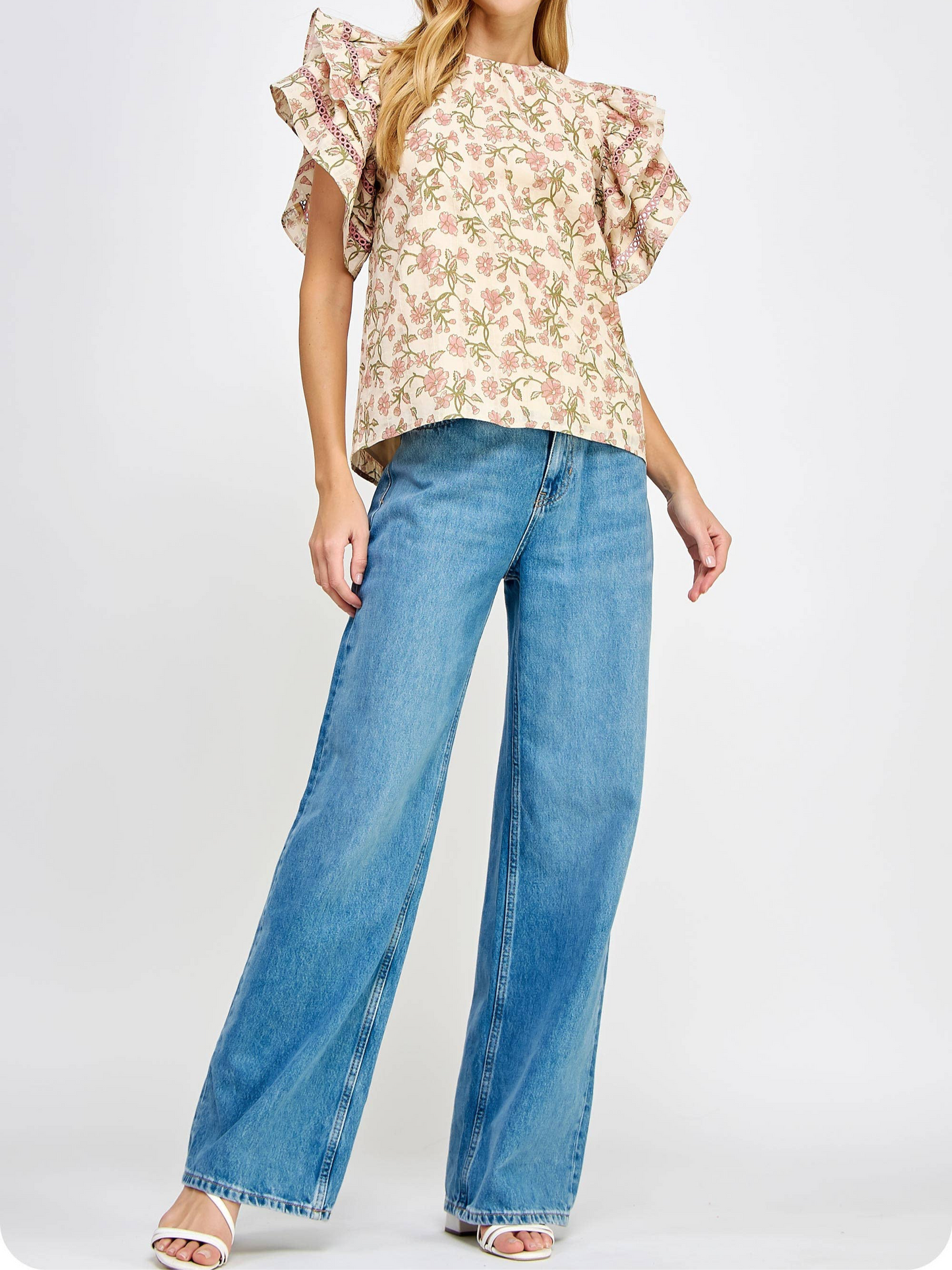 Double Layer Ruffle Sleeve Floral Top: Mauve Multi