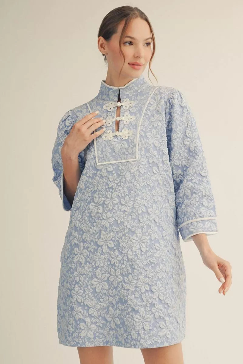🤍 Floral Jacquard Dress with Mandarin Collar
