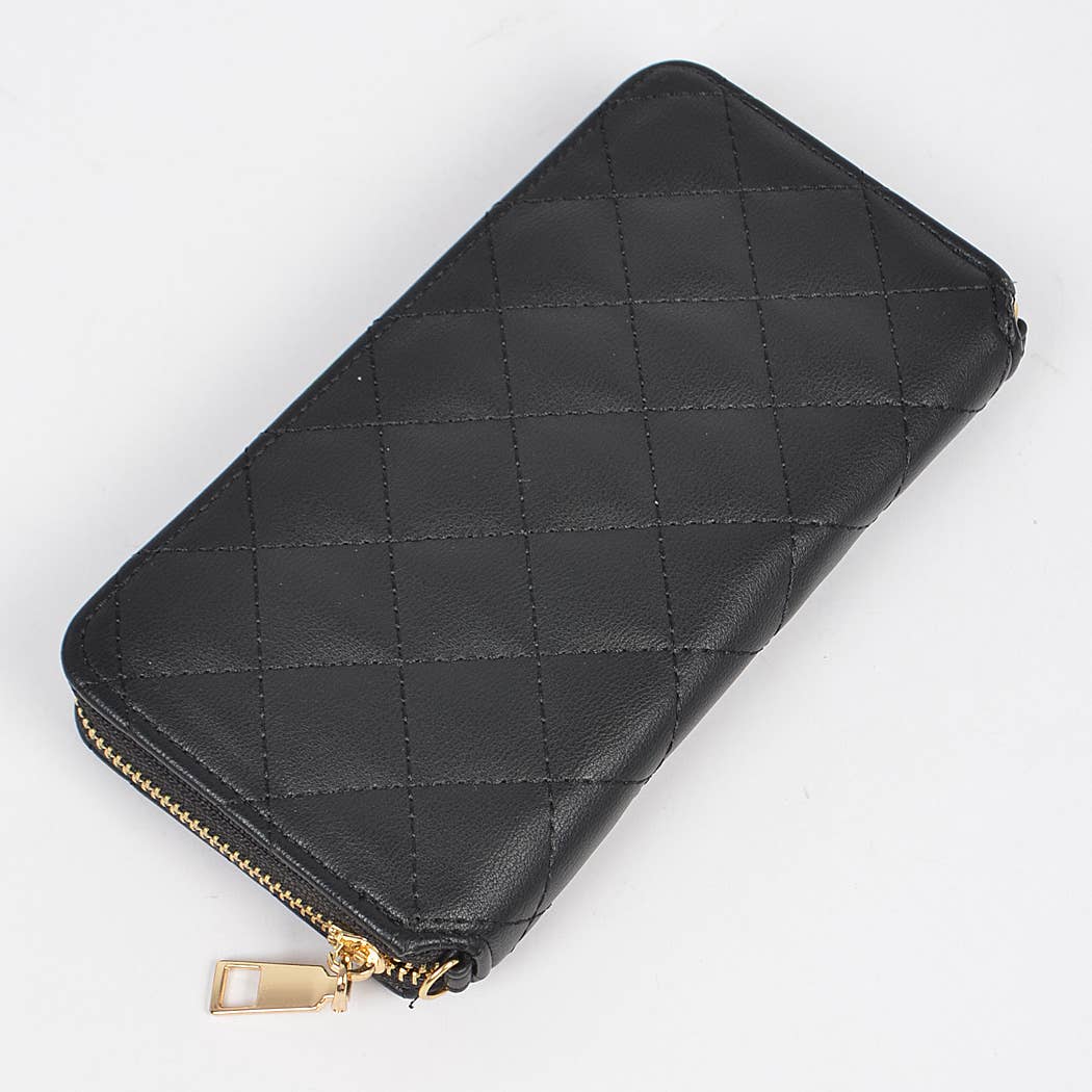 Faux Pearl Long Strap Crossbody Large Wallet: Black