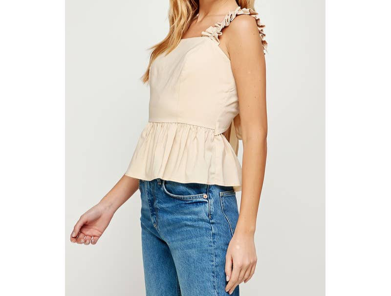 Peplum Back Tie Poplin Top: Oatmeal
