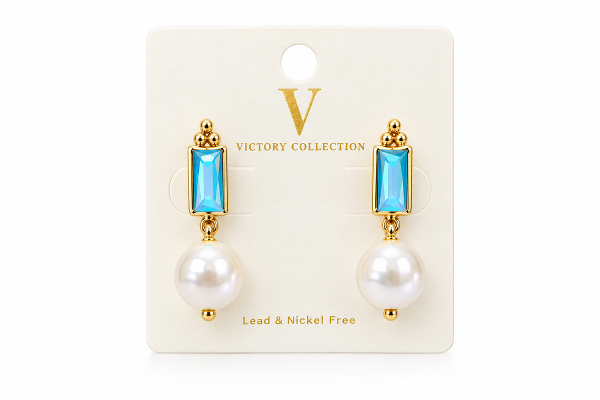 Blue Baguette and pearl earrings