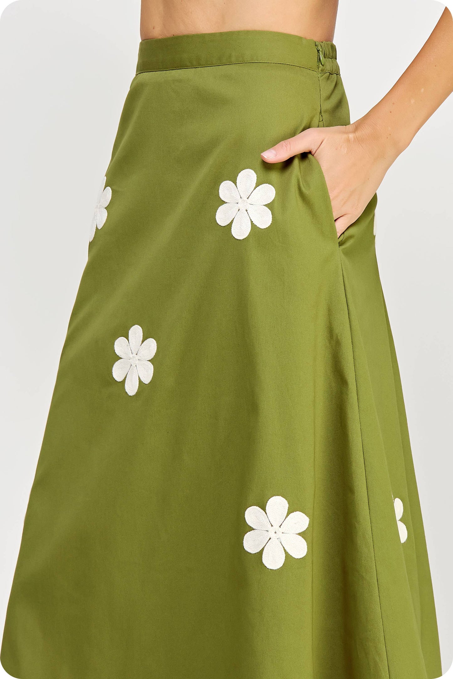 Embroidered Ruffled Midi Skirt: Olive