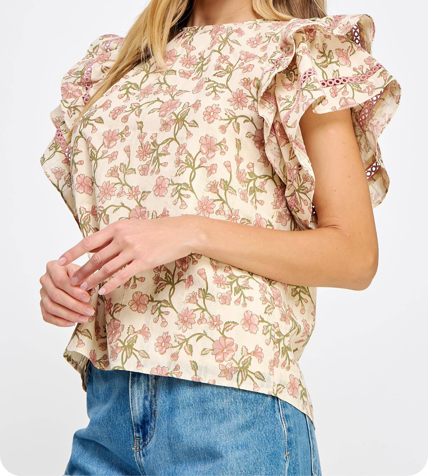 Double Layer Ruffle Sleeve Floral Top: Mauve Multi
