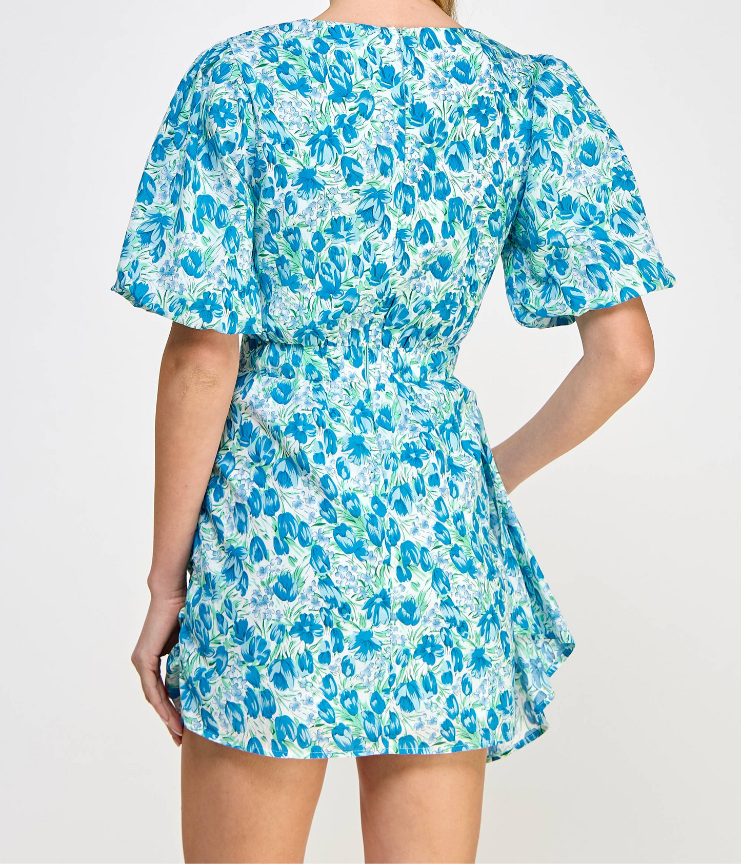 Ruched Short Puff Sleeve Floral Voile Mini Dress: Blue