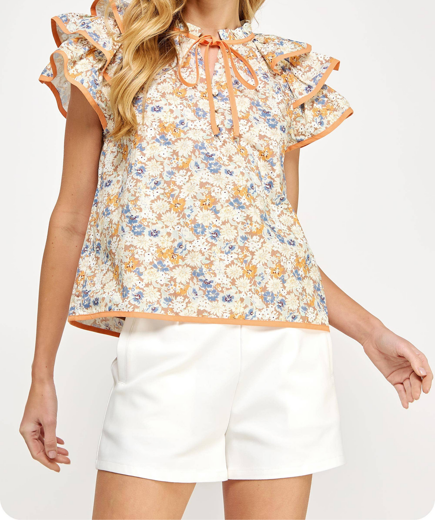 Piping Contrast Floral Ruffle Top: Taupe/orange
